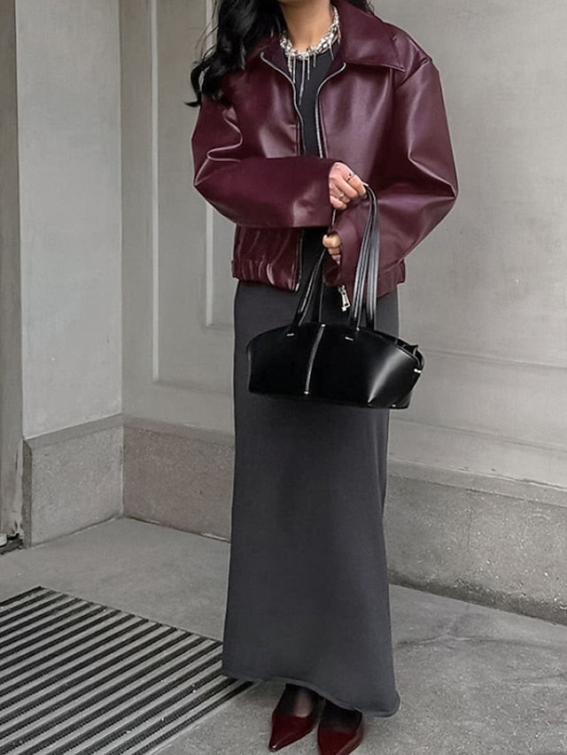 Warm Pocket Faux Leather Comfortable Zipper Jacket Women's