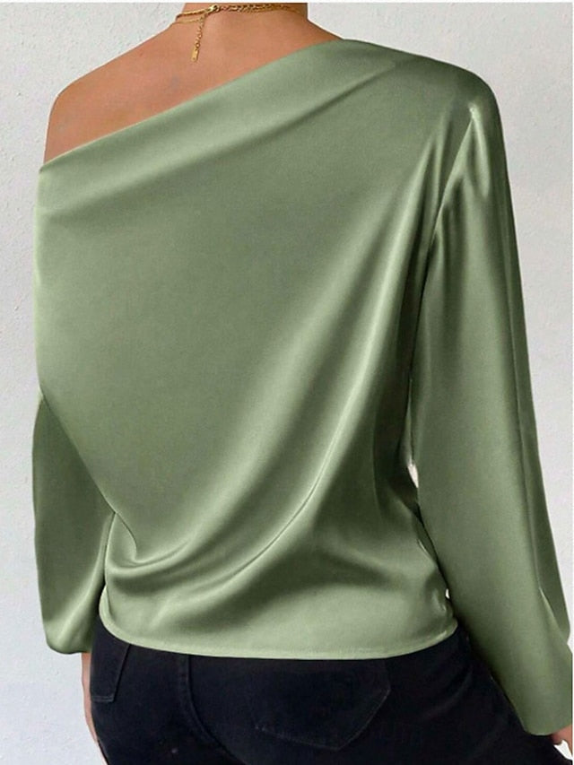 Women's Elegant Dressy Satin Top Blouse Ruched Patchwork