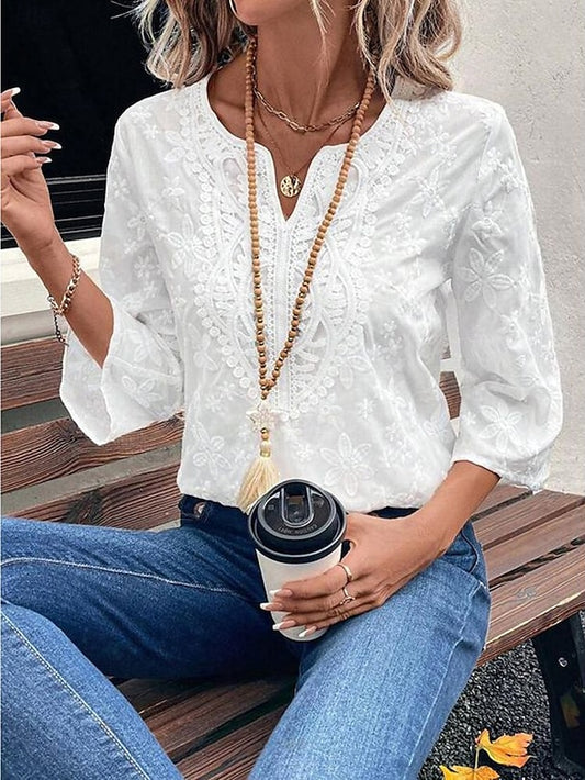 Women's Boho Shirt Dressy Tops Embroidered Solid Color