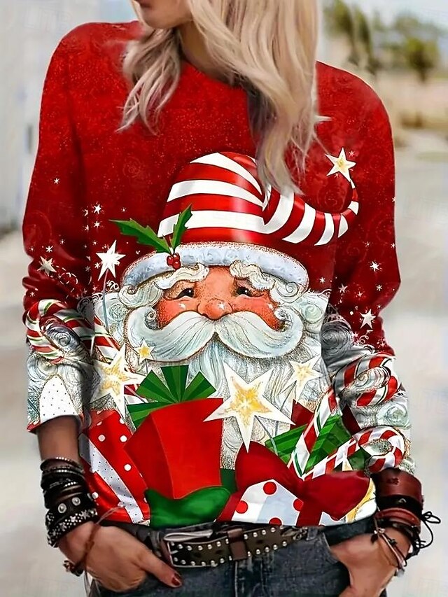 Christmas Women's T-Shirt Round Neck Red Festive Holiday