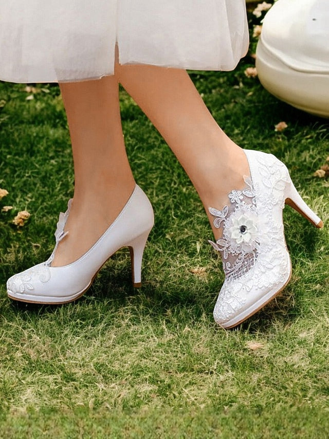 Bridal High Embellishments – with Heel White Shoes Floral Lace