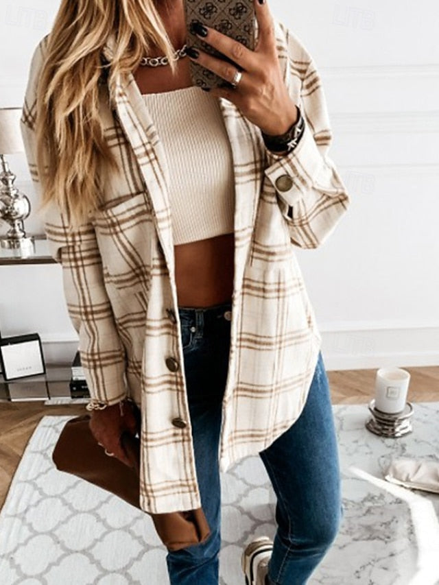 Women's Shirt Blouse Pocket Buttons Plaid Stylish Long