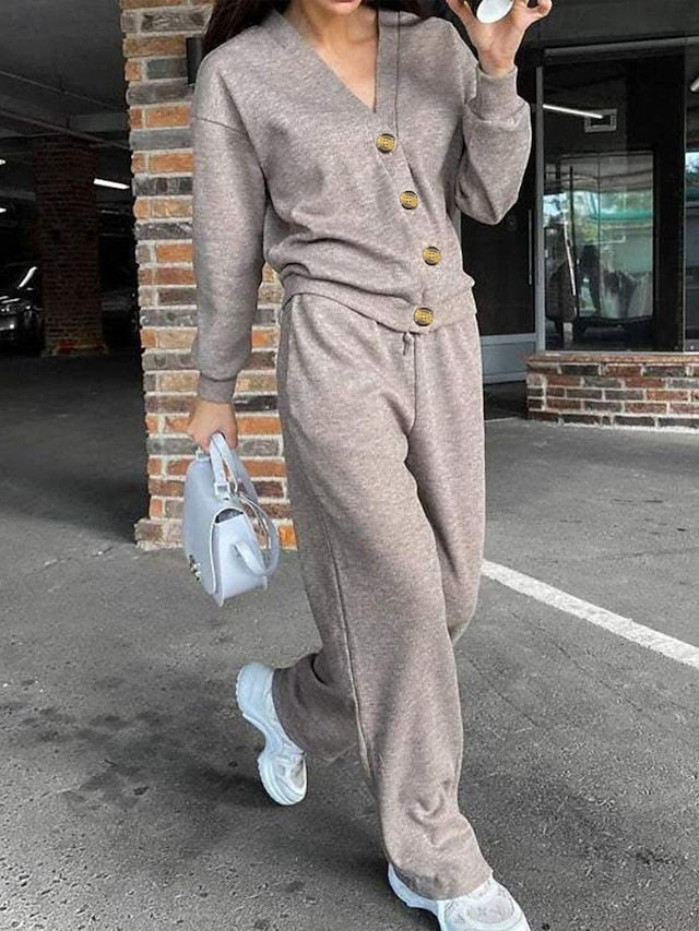Women's Blouse Pants Sets Long Sleeve V Neck Solid Color