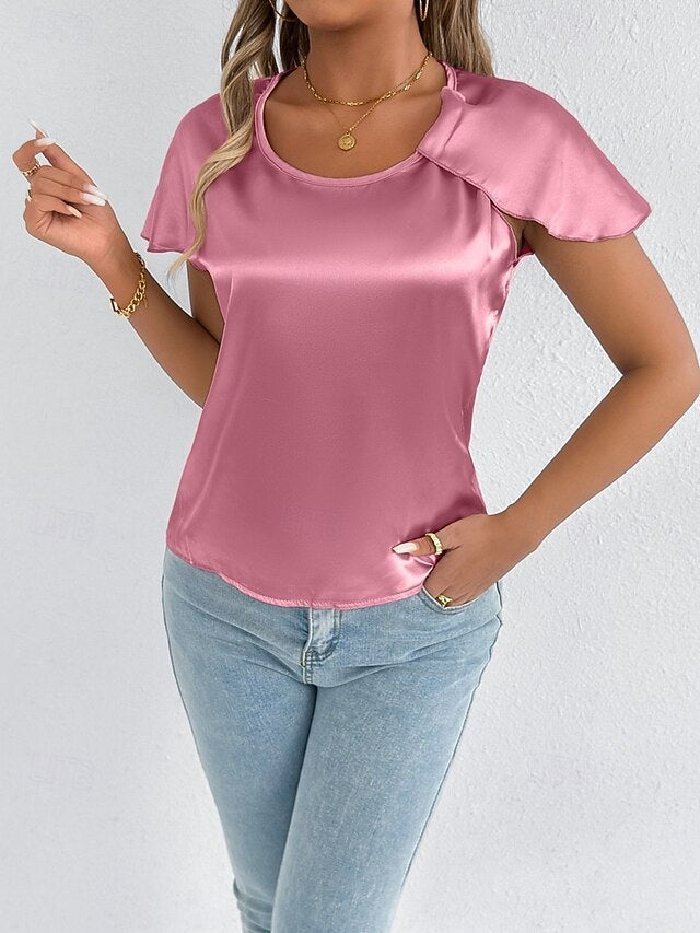 Women's Satin T Shirt Elegant Stylish Short Sleeve Ruffle