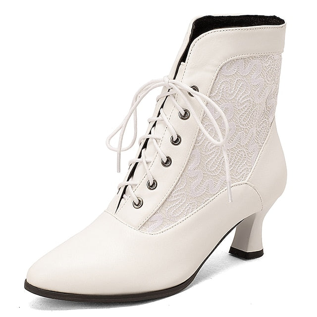 Embroidered Ankle Women's White Lace-Up Panels with Boots