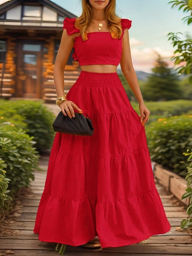 Women's Skirt Sets Sleeveless Square Neck Plain Ruched