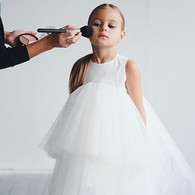 Wedding Mesh Girls' Sleeveless Dress Color Party Solid Kids