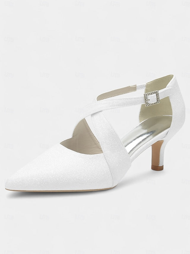 Cross Glitter Kitten with Rhinestone Heels Strap Buckle White