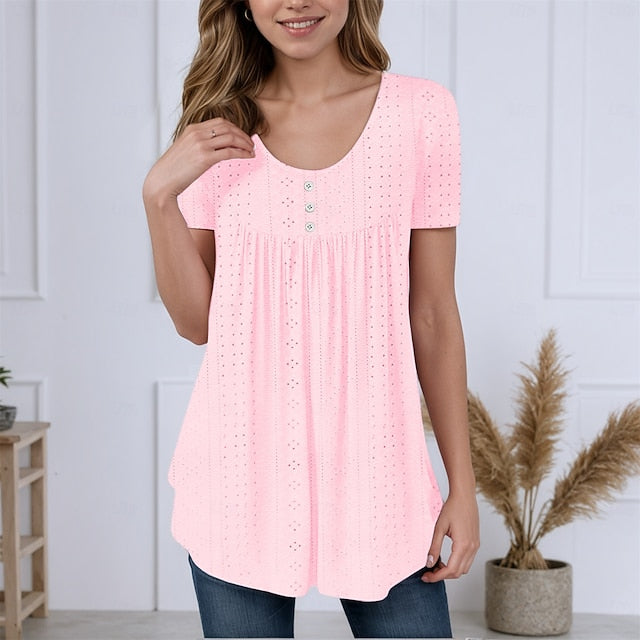 Women's Texture Blouse Eyelet Top Pointelle Tee Tunic
