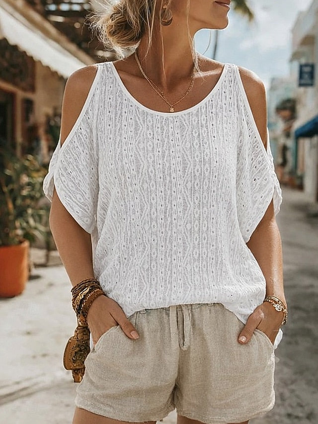 Women's T Shirt Lace Splicing Top Tee Top Lace Plain
