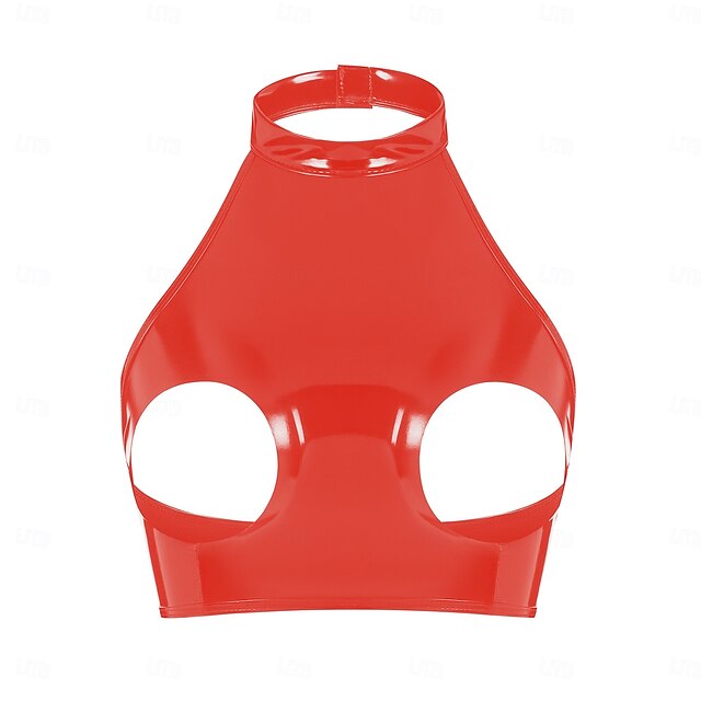 Cut-Out Faux Latex Halter Top Glossy Finish Women's Shinny
