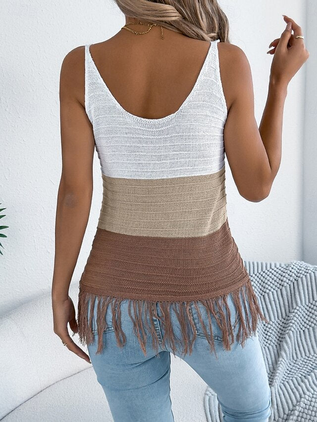 Women's Ribbed Knit Tops Tank Top Tee Top Tassel Color