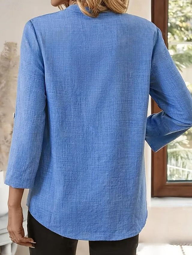 Women's Cotton Linen Shirts Buttons Solid Color Stylish