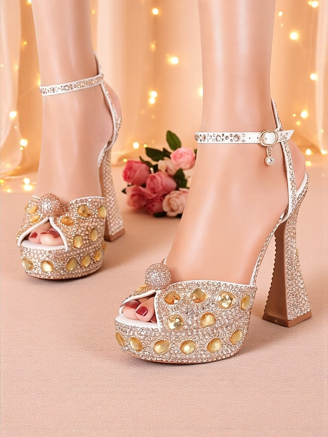 High with Heel Matching Women's Platform Sandals Rhinestone