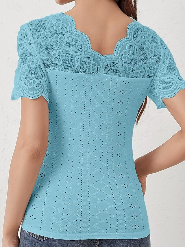 Women's Lace Splicing Top Blouse Lace Patchwork Solid Color
