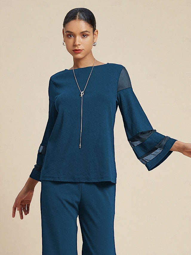 Women's Top Blue Crew Neck Long Sleeve 3/4 Length Sleeve