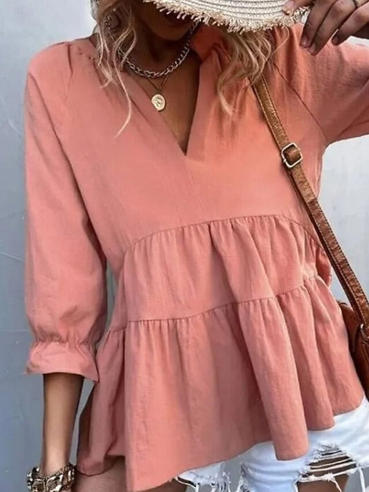 Women's Shirt Blouse Ruched Plain Casual Long Sleeve V Neck