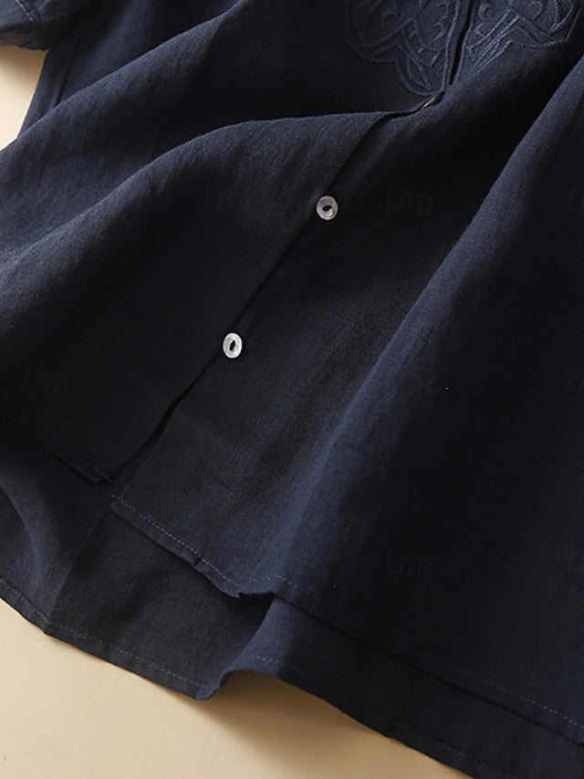 Women's Cotton Linen Blouse Embroidered Buttons Solid Color