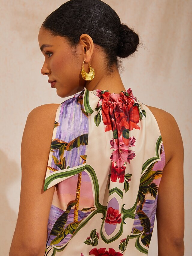 Hawaii Palm Silky Satin Floral Top