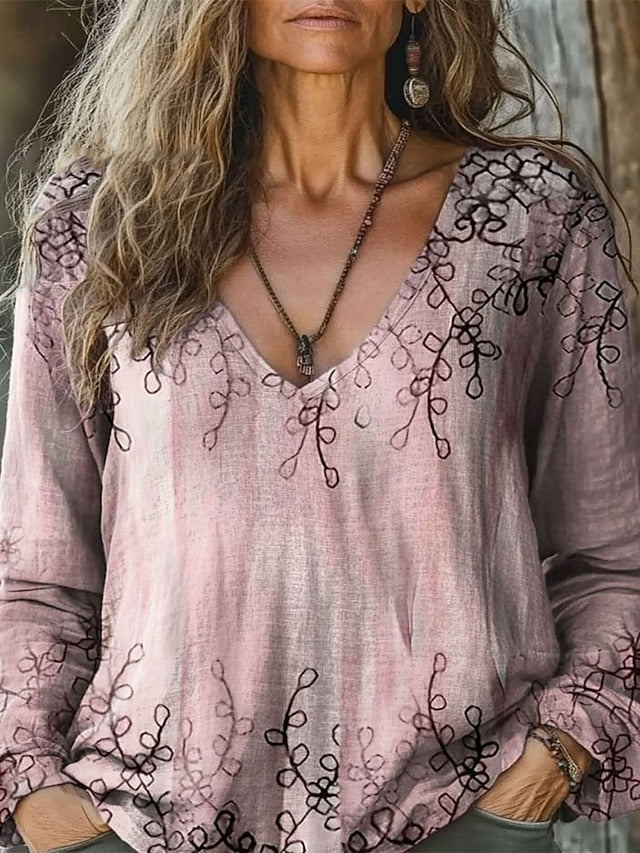 Women's Boho Shirt Blouse Ruched Floral Graphic Elegant