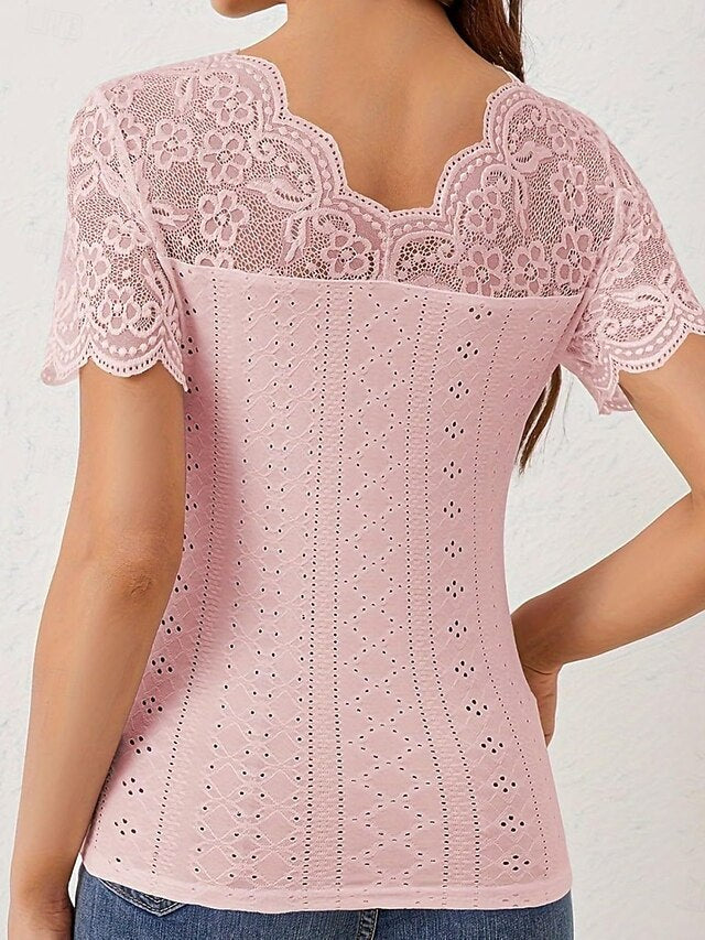 Women's Lace Splicing Top Blouse Lace Patchwork Solid Color