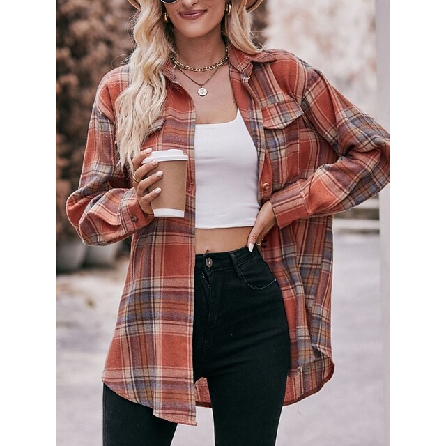 Women's Shirt Pocket Buttons Print Plaid Vintage Tropical