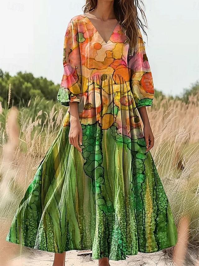Women's Cotton Linen  Maxi Dress Sundress Pleated Dress