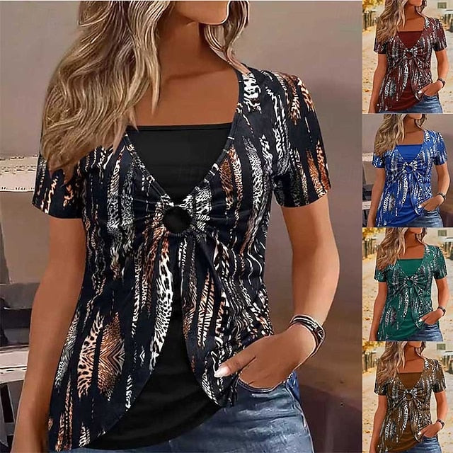 Women's T Shirt Tee Top Patchwork Print Color Block Fashion