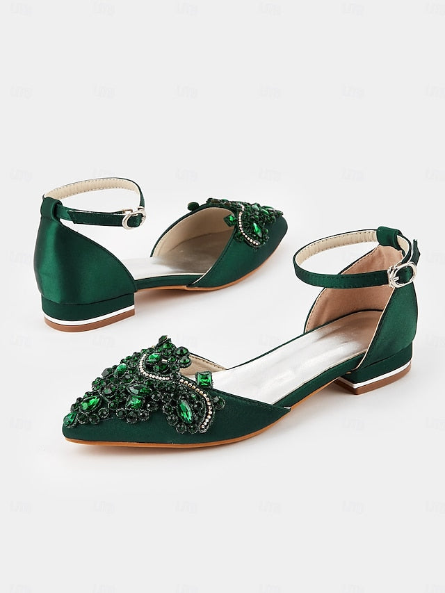Style Gemstone Flats Vintage Embellished – Green Pointed-Toe