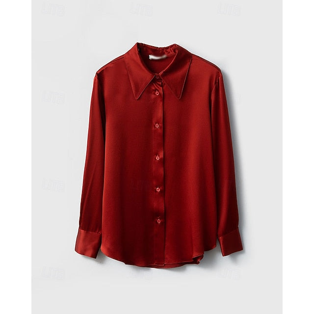 Women's Shirt Elegant Satin Top Silk Shirt Buttons Plain