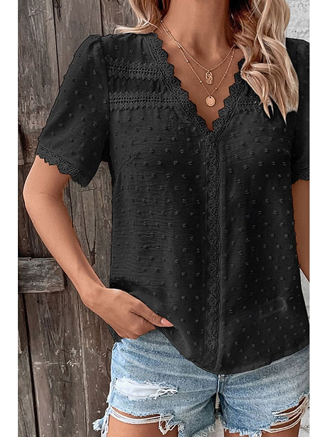 Women's T Shirt Lace Solid Color Fashion Short Sleeve V