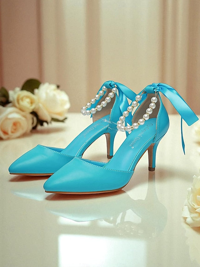 Kitten Pumps with Strap Women's - Pearl Ankle Bow Heel Blue