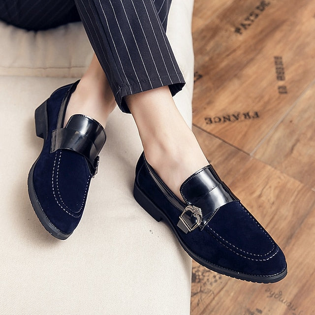 with Strap Metal Loafers Men's Patent Suede Leather and