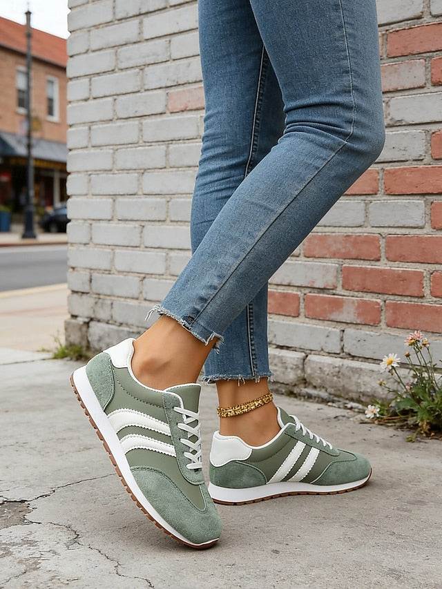 Women's Green Retro Stripe Sneakers – Breathable Low-Top