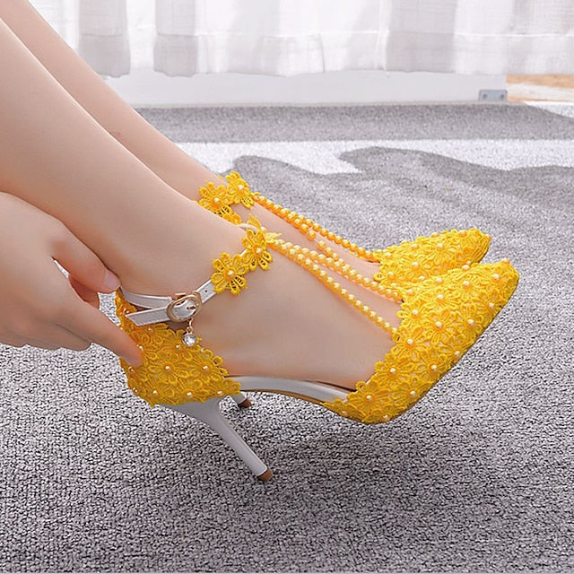 Shoes Heel Lace High Women's Bridal Pointed Wedding