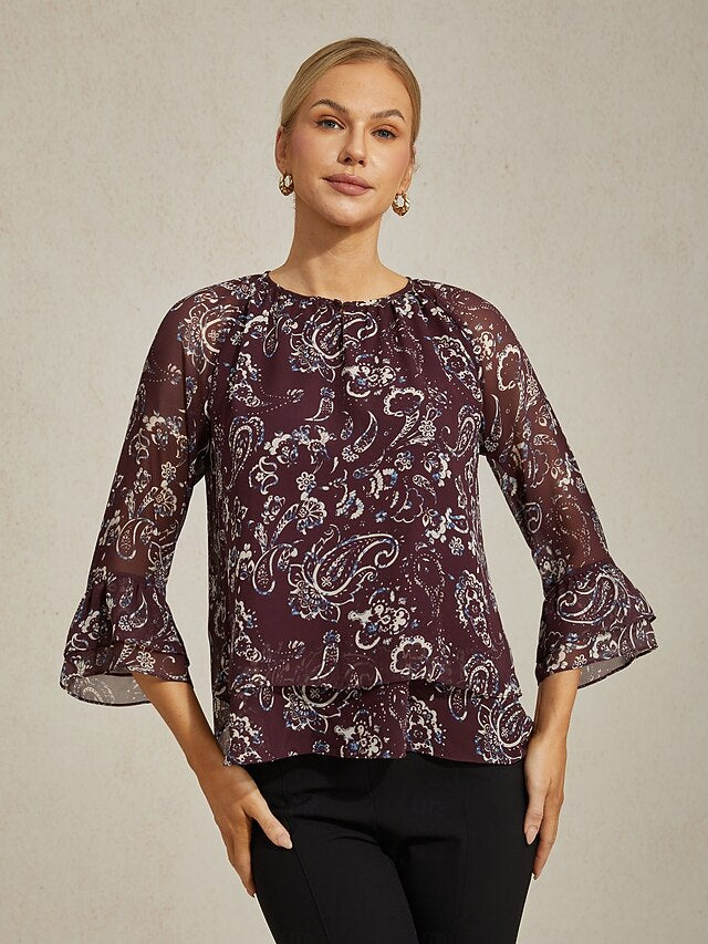Women's Outdoor Wine Ruffle Crewneck 2 in 1 Fashion Crew