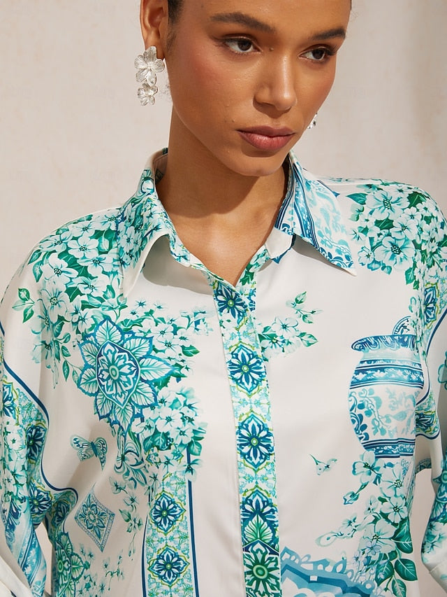 Celadon Bloom Story Silky Satin Dolman Sleeve Shirt