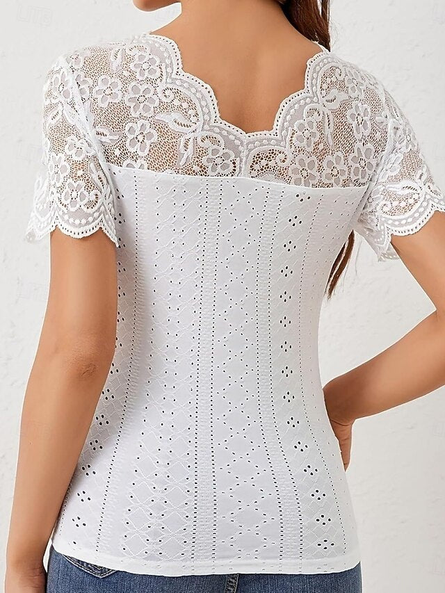 Women's Lace Splicing Top Blouse Lace Patchwork Solid Color