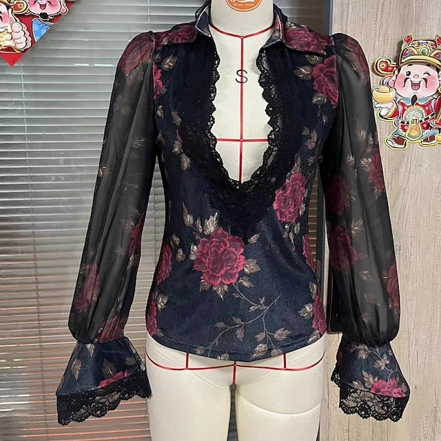 Women's Velvet Floral Lace V-Neck Blouse Long Sleeve Bell