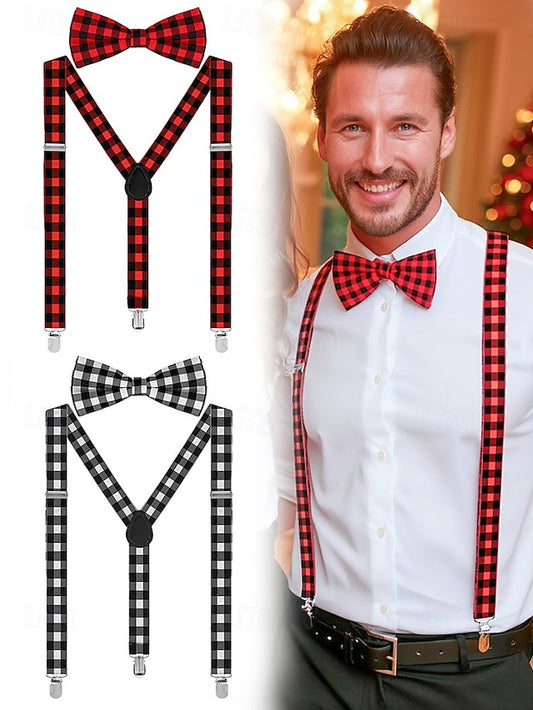 Tie Set Plaid Bow Men's and Christmas Adjustable Suspender