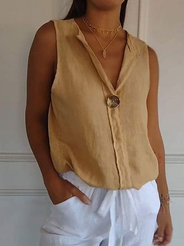 Women's Shirt Button Up Blouse Faux Cotton Linen Solid