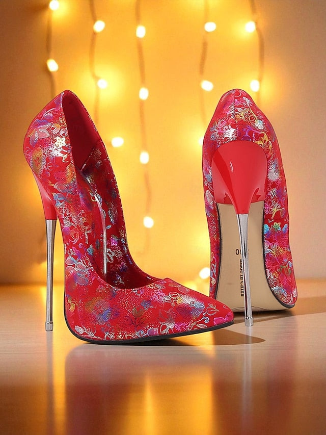 Jacquard Women's Red Heels High Stiletto
