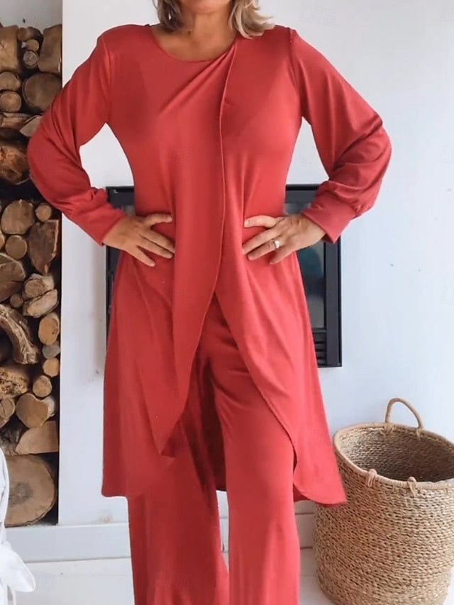 Women's Pants Sets Long Sleeve Crew Neck Solid Color Ruched