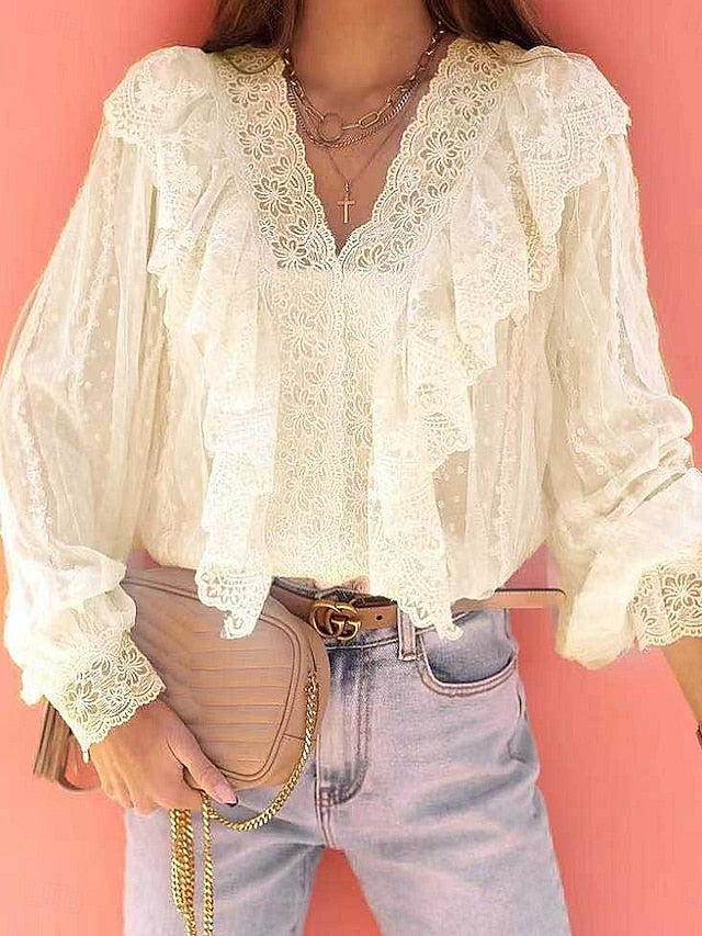 Women's Blouse Lace Ruffle Solid Color Stylish Casual Long