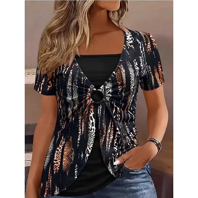 Women's T Shirt Tee Top Patchwork Print Color Block Fashion