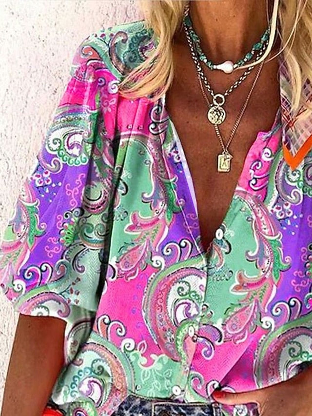 Women's Blouse Buttons Print Graphic Paisley Color Block