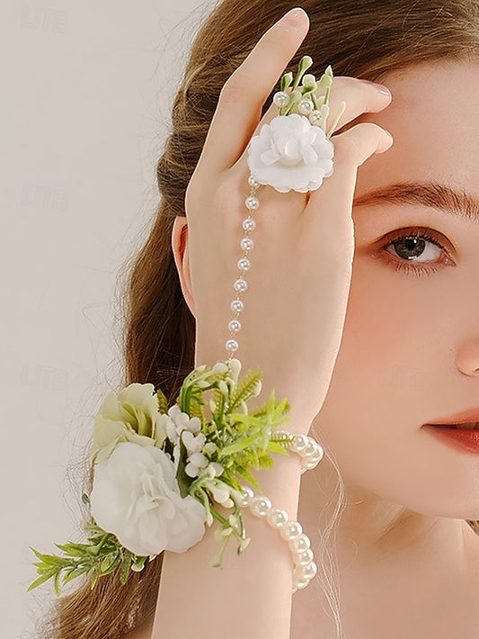 White – Elegant Wrist with Hand Set Floral Pearls Jewelry and