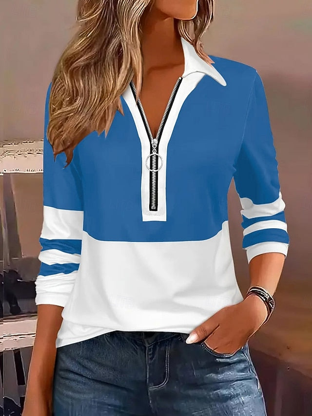 Women's Blouse Zipper Striped Stylish Casual Long Sleeve