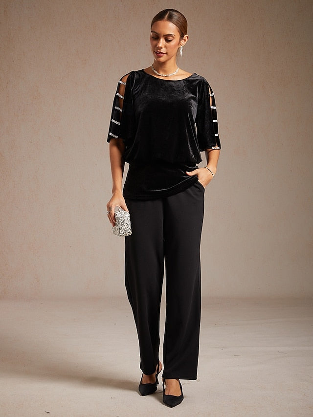 Women's Velvet Dressy Tops Beaded Cut Out Elegant Party