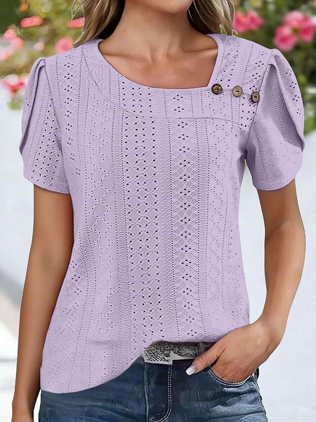 Women's Shirt Pointelle Shirt Eyelet Top Blouse Eyelet